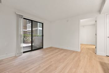 White modern empty living room with wooden floor